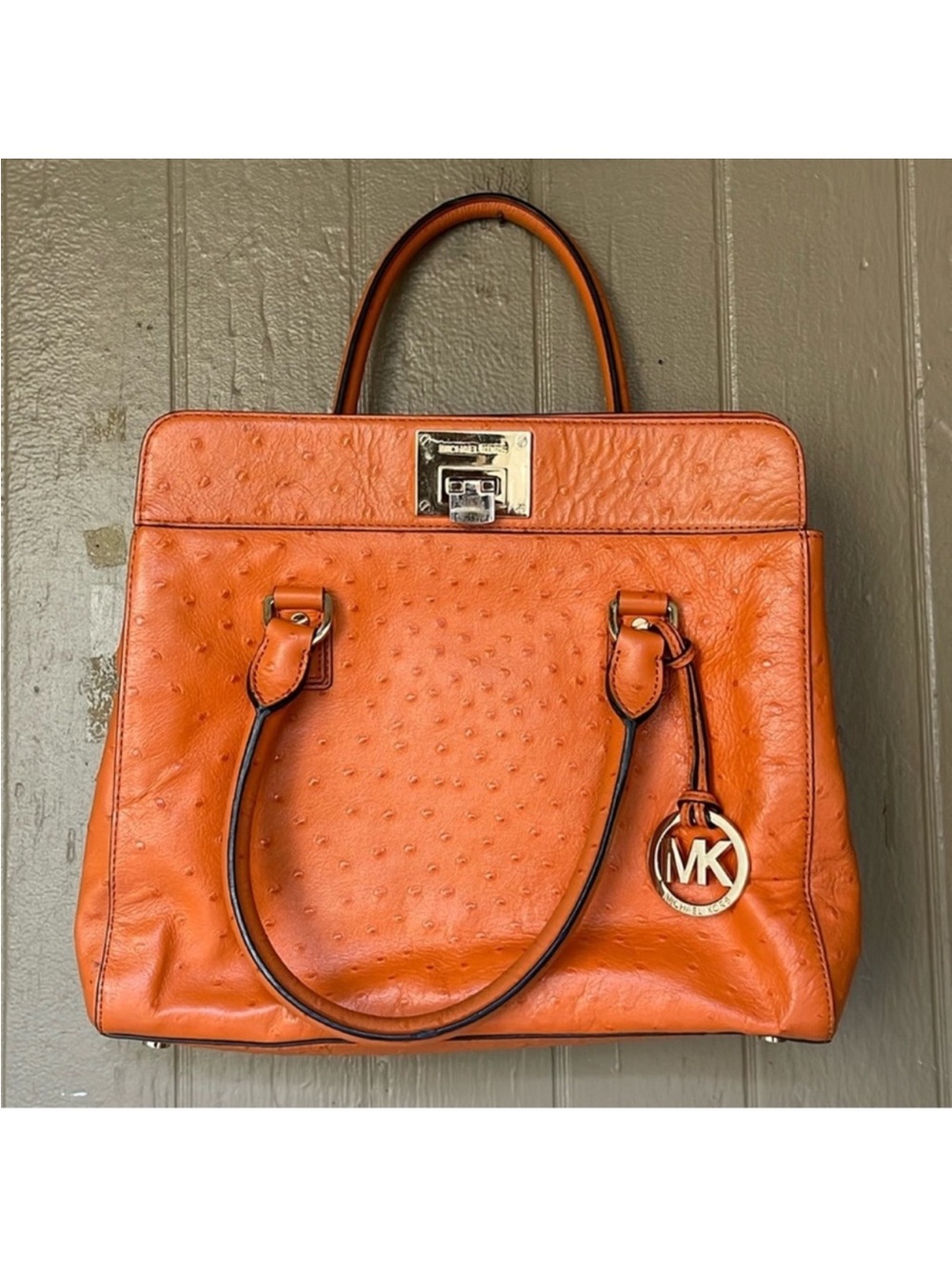 Michael Kors Orstrich Orange Leather Satchel with MK Charm